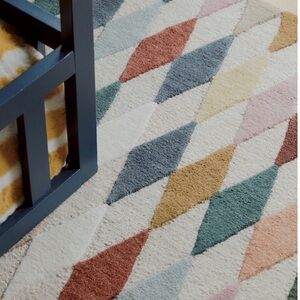 Anthropologie Geometric Diamond Wool Tufted Rug in Teal, Rust, Olive, 2x3’